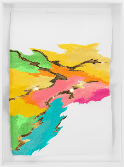 Jessie Henson
The Sky Catches Fire When the Sun Goes (Jawbone), 2022
13k, 18k, and 24k gold with polyester and rayon thread on paper
30 x 22 1/2 in
76.2 x 57.1 cm