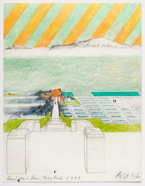 Barbara Stauffacher Solomon Angel Island from Crissy Field, 1993 ​Colored pencil, graphite, ink, vellum 11 x 8.5 inches 28 x 21.6 cm