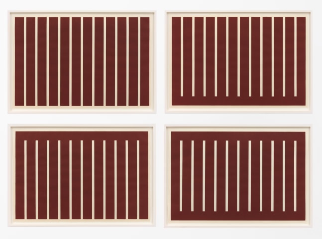 Donald Judd
Untitled, 1992
Set of four woodcuts printed in Oxide of Chromium on Mitsumata handmade paper
Framed Dimensions:
28 7/8 x 41 5/8 x 1 5/8 inches, each
73.3 x 105.7 x 4.1 cm, each
Paper Dimensions:
26 3/8 x 39 inches, each
67 x 99.1 cm, each
Edition 3 of 25 plus APs