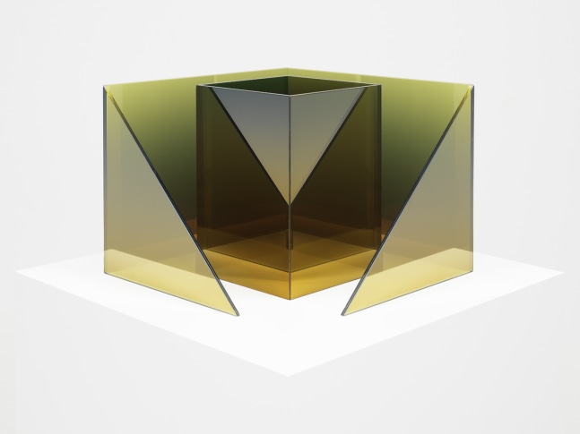 Larry Bell Deconstructed Cube SS with Triangle (Lemoncello / Emerald), 2020 Laminated glass, stainless steel and titanium dioxide 12 x 16 x 16 inches 30.5 x 40.6 x 40.6 cm