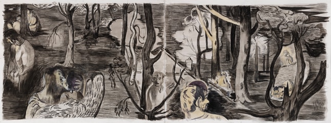 Salman Toor
Walk in the Woods, 2020
Charcoal, ink, and gouache on paper
17 7/8 x 47 3/4 inches
(45.4 x 121.3 cm)
Framed: 20 7/8 x 50 7/8 inches
(53 x 129.1 cm)