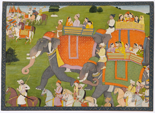 Raja Mahendra Pal of Basohli in procession with ladies, Attributed to Ranjha Basohli, c. 1810
Tempera, opaque pigments on paper with gold pigment
Folio: 10 1/8 x 13 7/8 inches (25.5 x 35.3 cm)
Painting: 9 1/4 x 13 1/8 inches (23.6 x 33.3 cm)