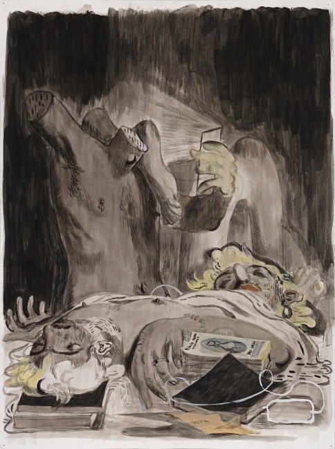 Salman Toor
Fag Puddle with Books and Wire, 2024
Charcoal, ink, and gouache on paper
23 7/8 x 17 7/8 inches
(60.6 x 45.4 cm)
Framed: 26 7/8 x 20 7/8 inches
(68.3 x 53 cm)