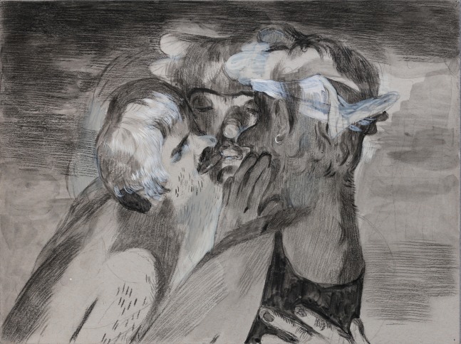 Salman Toor
Three Kissers, 2024
Charcoal, ink, and gouache on paper
9 x 12 inches
(22.9 x 30.5 cm)
Framed: 14 1/2 x 17 1/2 inches
(36.7 x 44.3 cm)