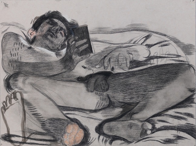 Salman Toor
The Scroller, 2024
Charcoal, pencil, and ink on paper
9 x 12 inches
(22.9 x 30.3 cm)
Framed: 14 1/2 x 17 1/2 inches
(36.8 x 44.3 cm)
