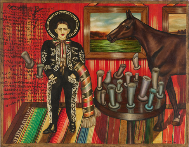 Julio Gal&amp;aacute;n
Los c&amp;oacute;mplices, 1987
Oil on canvas
71 x 90 1/2 inches
(180.3 x 229.9 cm)