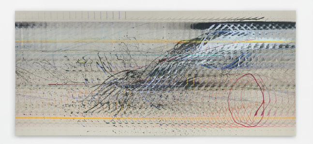 Emily Kraus
Agon (waveform),&amp;nbsp;2024
Oil on canvas
114 1/8 x 255 7/8 inches
(290 x 650 cm)
Photo: Ollie Hammick