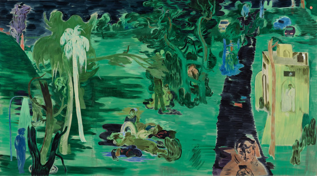 Salman Toor
Night Park, 2022
Oil on linen
67 x 121 inches
(170.2 x 307.3 cm)