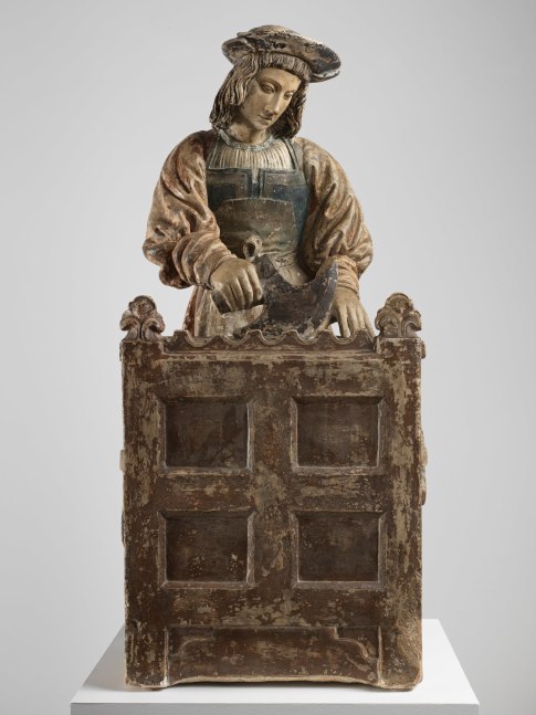 Saint Crispin, c. 1520
France, Champagne
Limestone with vestiges of polychromy
31 1/2 x 14 1/8 x 12 1/4 inches
(80 x 36 x 31 cm)