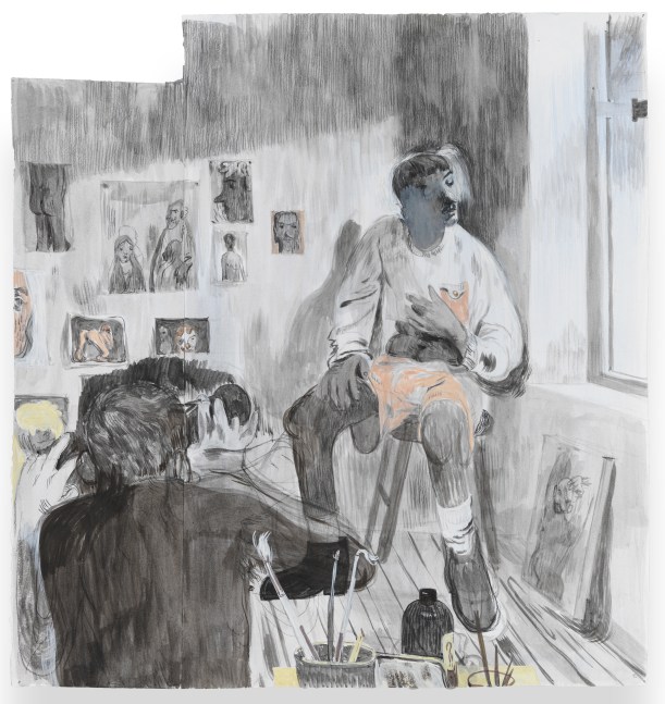 Salman Toor
The Artist I, 2024
Charcoal, ink, and gouache on paper
20 x 19 1/8 inches
(50.8 x 48.6 cm)
Framed: 23 x 22 1/8 inches
(58.4 x 56.2 cm)