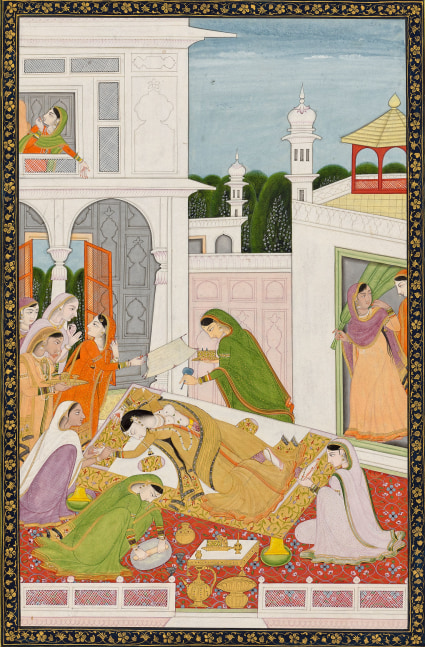 The lovesick lady, Mandi, attributed to Sanju and workshop, 1810&amp;ndash;20
Opaque pigments and gold on paper
Folio: 11 5/8 x 8 3/8 inches (29.4 x 21.3 cm)
Painting: 8 1/2 x 5 1/2 inches (21.6 &amp;times; 13.9 cm)