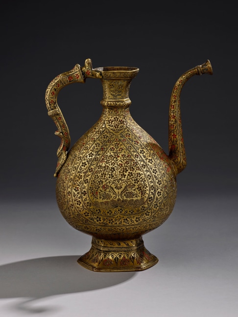 Cast brass ewer with original lac, late 17th or early 18th century
Cast brass with remnant of original red and green lac
12 5/8 inches (32 cm)