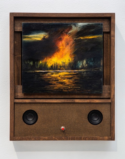 Janet Cardiff &amp;amp; George Bures Miller
Cabin Fire, 2021
Oil paint on board, walnut frame, mixed media and electronics
12 1/2 x 10 1/2 x 2 inches
(31.8 x 26.7 x 5.1 cm)
