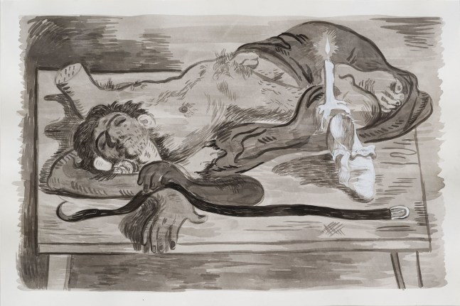 Salman Toor
Fag Puddle with Candle, Shoe and Belt, 2020
Charcoal, ink, and gouache on paper
11 7/8 x 17 15/16 inches
(30.2 x 45.6 cm)
