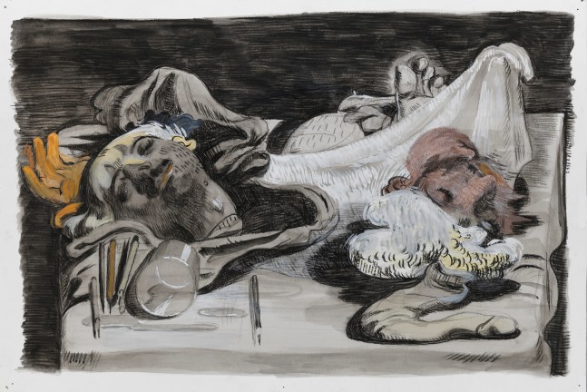 Salman Toor
Fag Puddle with Heads, 2024
Charcoal, ink, and gouache on paper
12 x 17 7/8 inches
(30.5 x 45.4 cm)
Framed: 17 1/2 x 23 1/2 inches
(44.3 x 59.5 cm)