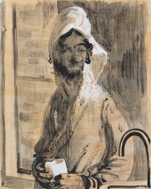 Salman Toor
Towelhead, 2024
Charcoal, ink, and gouache on paper
10 7/8 x 8 5/8 inches
(27.6 x 21.9 cm)
Framed: 16 3/8 x 14 1/8 inches
(41.6 x 35.9 cm)