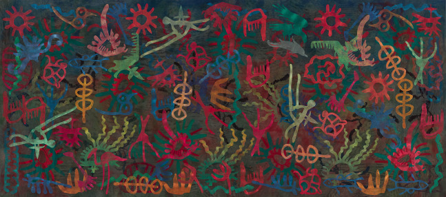 Philip Taaffe
Glyphic Field, 2014
Mixed media on canvas
110 3/8 x 249 3/8 inches
(280.4 x 633.4 cm)