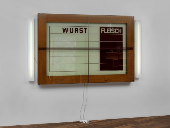 Reinhard Mucha

Potsdamer Platz, [1996] 1979

&amp;nbsp;

Metal shoulder clamps, alkyd enamel painted on reverse of float glass, plywood and profiled wood, blockboard, two fluorescent lamps, electrical cord, two male plugs with adapter, extension cords with two female plugs

Overall dimensions 80.31 x 92.13 x 6.7 inches (204 x 234 x 17 cm)