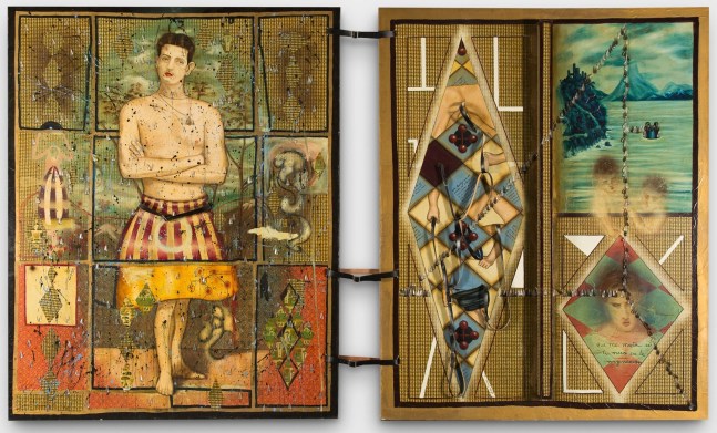 Julio Gal&amp;aacute;n
S&amp;iacute; y no, 1990
Acrylic and collage on canvas (Diptych)
120 1/8 x 203 1/8 inches
(305.1 x 515.9 cm)