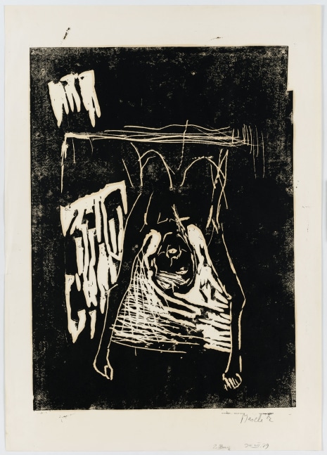 Georg Baselitz
Untitled, 1979
trial proof: 2. Abzug, 24 VII.79
Cat. Rais. 282
Linocut on paper
30 1/2 x 22 7/8 inches
(77.5 x 58 cm)