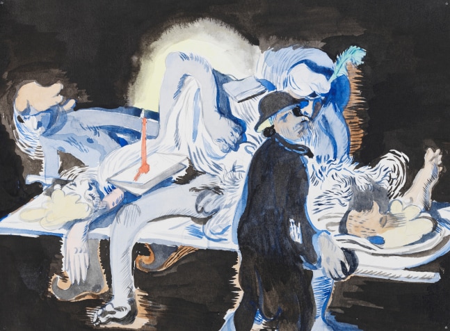 Salman Toor
Rescuers, 2024
Gouache and watercolor on paper
7 3/4 x 10 5/8 inches
(19.7 x 26.8 cm)
Framed: 13 1/4 x 16 1/8 inches
(33.7 x 40.8 cm)