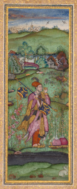 A musician holding a vina, 1600-05
Deccan, Bijapur, attributed to Farrukh Husain, with additions by an artist in his circle
Opaque pigments and gold on paper
Folio: 10 7/8 x 6 7/8 inches (27.7 x 17.6 cm)
Painting: 4 1/2 x 1 3/4 inches (11.5 x 4.5 cm)