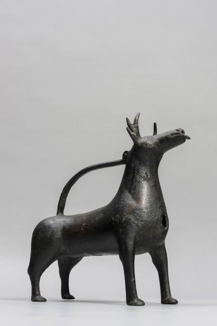 An Aquamanile in the form of a Stag, 12th century
Scandinavia or Lower Saxony
Bronze with a black patina, in excellent condition, missing only its sprue-hole cover; possibly some lost elements on the antlers and tail
9 5/8 x 3 5/8 x 9 1/8 inches
(24.5 x 9.3 x 23.2 cm)