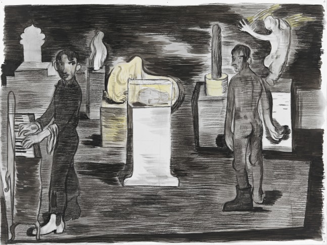 Salman Toor
Looking Back, 2024
Charcoal, ink, and gouache on paper
17 7/8 x 24 inches
(45.4 x 61 cm)
Framed: 21 x 27 inches
(53.2 x 68.4 cm)