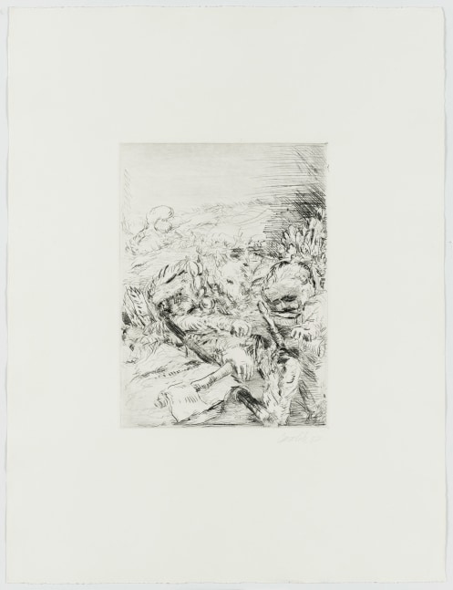 Georg Baselitz
Ohne Titel [Untitled] / (Mit Hund und Axt) [With Dog and Ax], 1967
Signed/Dated: Baselitz 67
Drypoint and etching on copper plate; on copper printing paper
Image size: 13 x 9 1/2 inches (33 x 24.1 cm)
Paper size: 26 3/8 x 20 1/8 inches (67 x 51.1 cm)
Framed dimensions: 29 x 23 1/8 inches (73.7 x 58.7 cm)
&amp;copy; Georg Baselitz 2021
Photo: &amp;copy;&amp;nbsp;bernhardstrauss.com