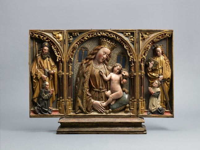 Sebasti&amp;aacute;n de Almonacid&amp;nbsp;(1460-1526) ?
Triptych of the Virgin and Child with Saints and Donors, c. 1500-20
Spain, Castile
Walnut with gilding and polychromy
28 3/4 x 45 x 5 1/8 inches (fully open)
(73 x 114.3 x 13 cm)