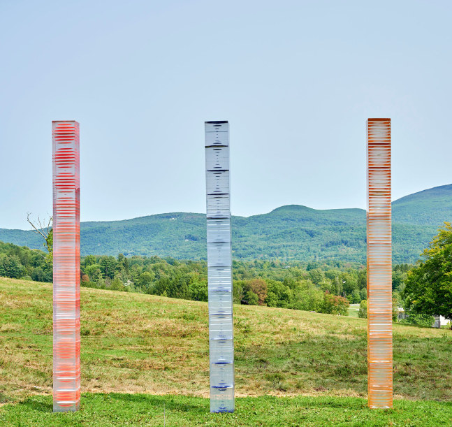 Eva LeWitt
Resin Tower A (Orange), Resin Tower B (Yellow), and Resin Tower C (Blue), 2020
Resin, PVC. Each column: 28 x 10 x 10 inches (325.1 x 25.4 x 25.4 cm)
Installation view at Clark Art Institute, Williamstown, Massachusetts
Image courtesy of Clark Art Institute
Photo by&amp;nbsp;Thomas Clark&amp;nbsp;