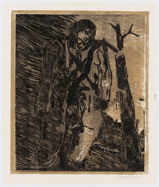 Georg Baselitz
Partisan, 1966
Woodcut in ocher/brown on different papers
Sheet size: 16 1/8 x 13 7/8 inches (41 x 35.2 cm)
Frame size: 24 11/16 x 18 9/16 inches (62.7 x 47.1 cm)