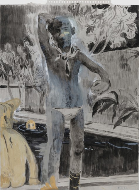Salman Toor
Speedo, 2024
Charcoal, ink, and gouache on paper
24 3/8 x 17 7/8 inches
(61.9 x 45.4 cm)
Framed: 27 3/8 x 20 7/8 inches
(69.4 x 53 cm)