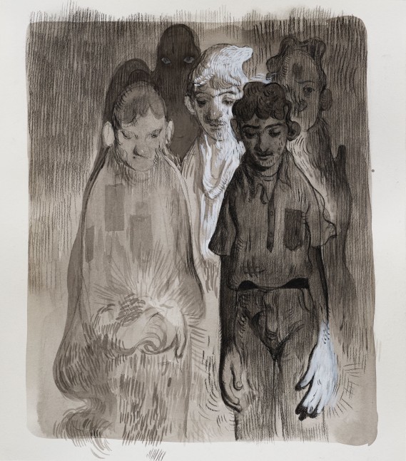 Salman Toor
Group D, 2020
Charcoal, ink, and gouache on paper
9 1/4 x 8 inches
(23.5 x 20.3 cm)