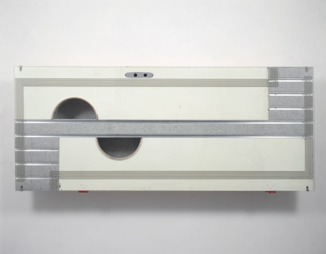 Reinhard Mucha

Zossen, 1996

&amp;nbsp;

Metal shoulder clamps, alkyd enamel painted on reverse of float glass, aluminum profiles, felt, door leaf with fittings coated plywood, solid wood (split found object), blockboard, corrugated cardboard

39.13 x 92.28 (width at the top) / 91.81 (width at the bottom) x 11.42 inches

99.4 x 234.4 (width at the top) / 233.2 (width at the bottom) x 29.0 cm
