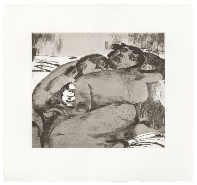 Salman Toor
The Cuddlers, 2025
Intaglio on Arches En Tout Cas paper
18 5/8 x 20 inches (47.3 x 50.8 cm)
Framed: 21 1/2 x 23 inches (54.6 x 58.4 cm)
Limited Edition