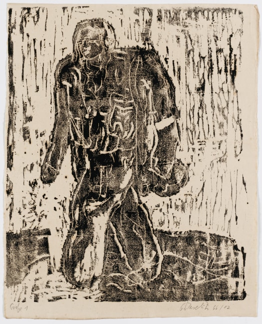 Georg Baselitz
Der Neue Typ [The New Type], 1966, printed 1982
Signed/dated: Probe 1 [test 1]; G. Baselitz 66/82
Woodcut on old laid paper
Image size: 16 1/2 x 13 1/2 inches (41.9 x 34.3 cm)
Paper size: 17 5/8 x 14 1/4 inches (44.8 x 36.2 cm)
Framed dimensions: 29 x 23 1/8 inches (73. 7 x 58.7 cm)
&amp;copy; Georg Baselitz 2021
Photo:&amp;nbsp;&amp;copy;&amp;nbsp;bernhardstrauss.com