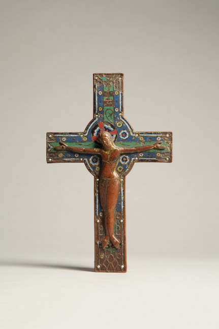 Christ on the Cross, c. 1190-1210
France, Limoges
Cast, chased, engraved and gilded copper with champlev&amp;eacute; enamel
11 3/4 x 7 3/8 inches
(29.8 x 18.7 cm)