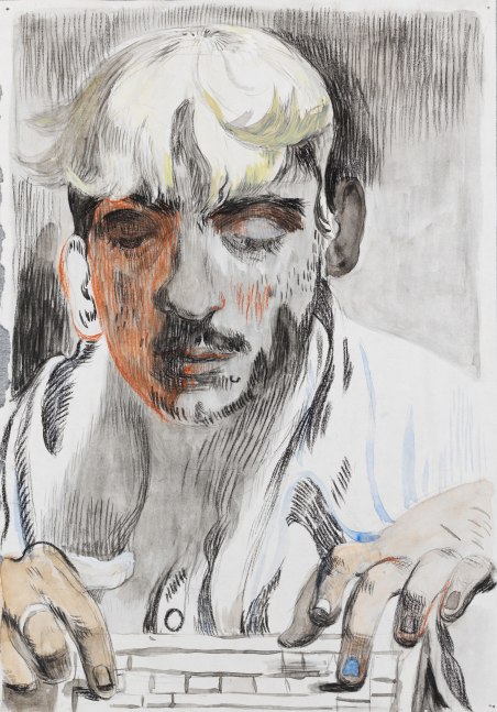 Salman Toor
Typing Boy, 2024
Charcoal, ink, and gouache on paper
11 5/8 x 8 1/8 inches
(29.5 x 20.6 cm)
Framed: 17 1/8 x 13 5/8 inches
(43.5 x 34.6 cm)