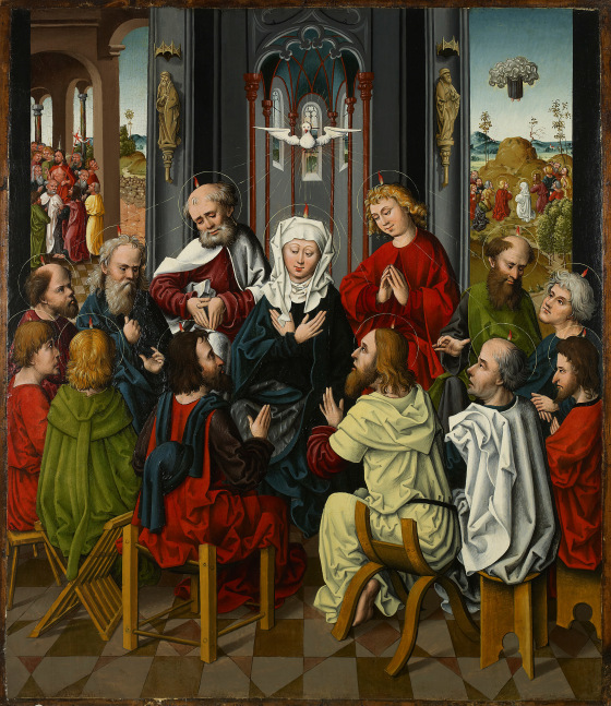 Master of the Regensburg Hostienfrevel
The Pentecost, c. 1480
Germany, Regensburg
Oil on spruce panel
43 1//4 x 37 1/4 x 3/4 inches (110.0 x 95.0 x 2cm) (exc. frame)
47 3/4 x 38 x 2 1/2 inches (121.3 x 99.2 x 5 cm (framed)