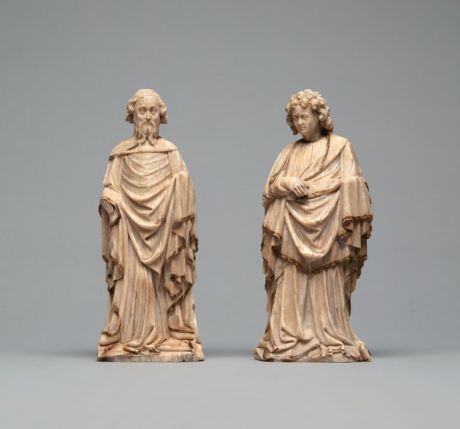 A pair of alabaster standing Apostles, carved for the high altar of Saint-Omer Cathedral, c. 1430 (probably 1429)
Southern Netherlands or Northern France
Alabaster with the original gilding largely intact
Bearded Apostle: 9.3 x 3.7 x 2.3 inches (23.7 x 9.3 x 5.8 cm)
Saint John: 9.3 x 4 x 2.32 inches (23.7 x 10.2 x 5.9 cm)