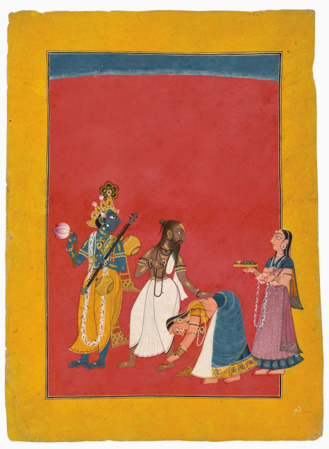 Krishna&amp;rsquo;s wives honour the sage Narada and Krishna carries his vina for him on his arrival in Dwarka, c. 1720
Folio from a dispersed &amp;lsquo;Vertical&amp;rsquo; Bhagavata Purana series
By a Mankot artist
Opaque pigments and gold on paper; with yellow border with black and white inner rules
11 1/8 x 8 1/4 inches
(28.4 x 21.0 cm)
