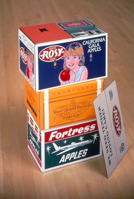Steve Wolfe

Untitled (Rosy/Veuve Clicquout/Fortress Apple Cartons), 1994-1996

Cartons: Oil and screenprint on archival cardboard with wooden armatures

Books: Oil, screenprint, lithography, gold leaf, modeling paste, paper, canvasboard, and wood

31 1/8 x 24 x 21 inches

(79.06 x 60.96 x 53.34 cm)