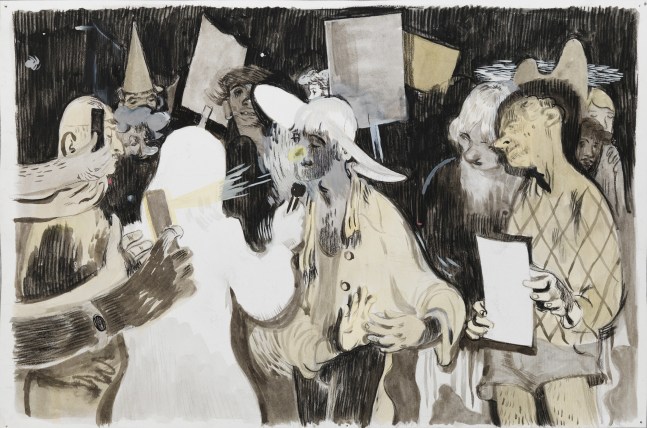 Salman Toor
The Leader, 2024
Charcoal, ink, and gouache on paper
12 x 17 7/8 inches
(30.5 x 45.4 cm)
Framed: 17 1/2 x 23 1/2 inches
(44.3 x 59.5 cm)
