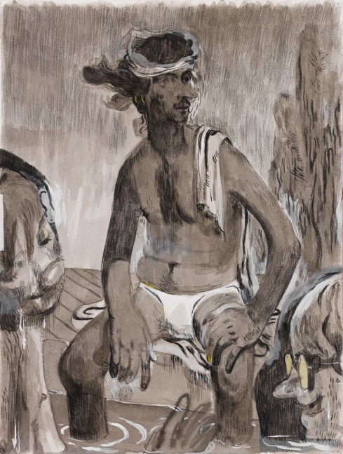 Salman Toor
Poolside, 2024
Charcoal, ink, and gouache on paper
16 x 12 1/8 inches
(40.6 x 30.8 cm)
Framed: 21 1/2 x 17 5/8 inches
(54.6 x 44.8 cm)