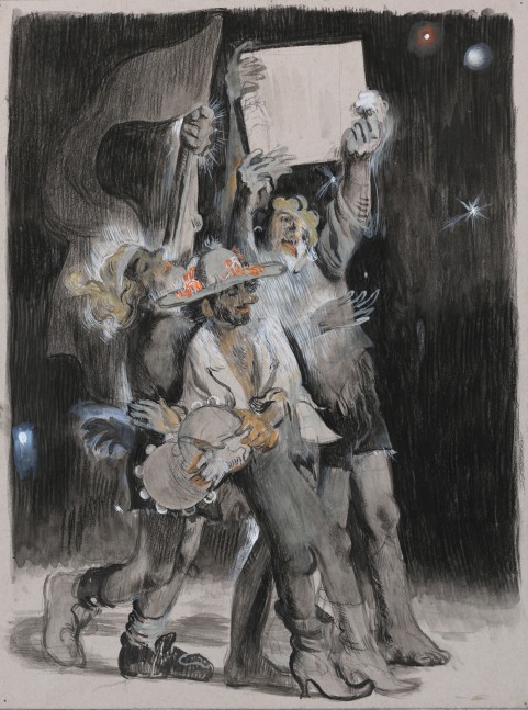Salman Toor
Three Mascots, 2023
Charcoal and gouache on paper&amp;nbsp;
12 x 9 inches
(30.5 x 22.9 cm)
Framed: 17 1/2 x 14 1/2 inches
(44.3 x 36.8 cm)