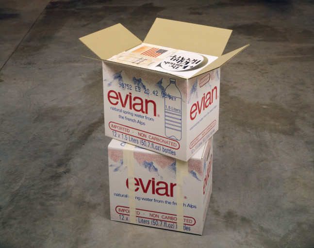 Steve Wolfe
Untitled (Evian Cartons), 1993
Cartons: Oil, silkscreen on archival cardboard with wooden armatures
Books: Oil, screenprint, lithography, lacquer, aluminum, gold leaf, modeling paste, paper, canvasboard, and wood
27 1/2 x 23 1/2 x 19 1/2 inches
(69.85 x 59.69 x 49.53 cm)