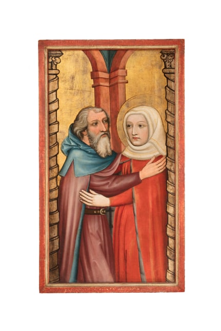 Master of the Bamberg Altarpiece
The Meeting of Anna and Joachim at the Golden Gate,&amp;nbsp;c. 1435
Germany, Nuremberg
Oil, gilding, and silver on softwood panel
42 x 23 1/8 x 5/8 inches (exc. frame)
(106.8 x 58.8 x 1.7 cm)
44 3/4 x 23 1/4 x 1 3/8 inches (framed)
(113.5 x 65 x 3.7 cm)