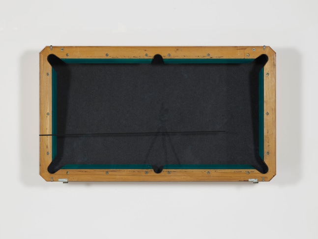 Reinhard Mucha
Flinger Broich, 1986

Metal shoulder clamps, alkyd enamel painted on reverse of float glass, pool table back of the wooden rails, cushion rubber, billiard cloth, leather (split found object), blockboard, steel angle-connectors, profiled wood sections, corrugated cardboard

74.83 x 82.68 x 15.55 inches

(121.5 x 210.0 x 39.5 cm)
