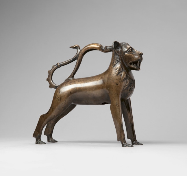 Aquamanile in the form of a lion, c. 1350
Germany, Nuremberg
Hollow cast copper alloy
10 1/2 x 10 x 4 1/4 inches
(26.7 x 25.4 x 10.9 cm)